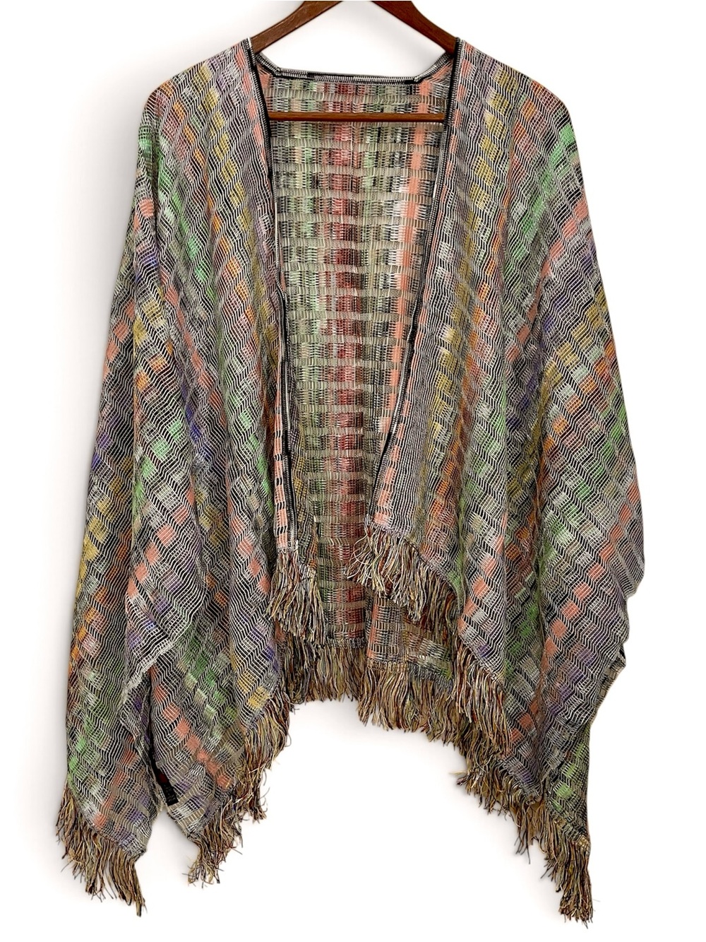 MISSONI Italy Knit Fringe Poncho Wrap Cardigan Open Front Shawl Ruana One Size